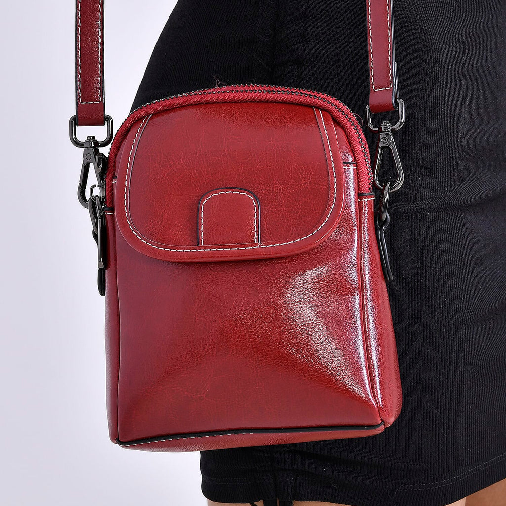 Genuine Leather Mini Messenger Crossbody Bag With Adjustable Strap - Burgundy