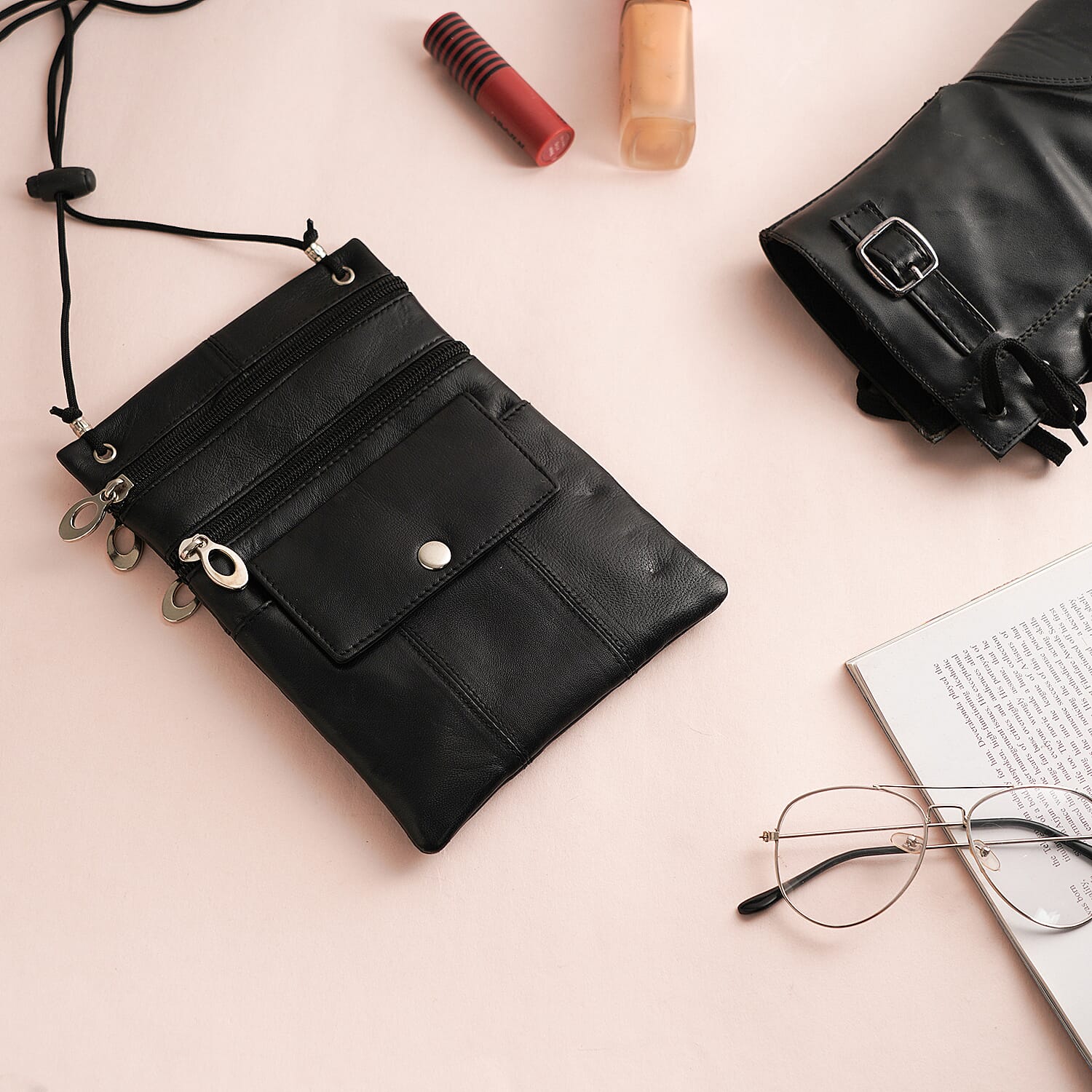 100% Genuine Leather Crossbody Bag - Black