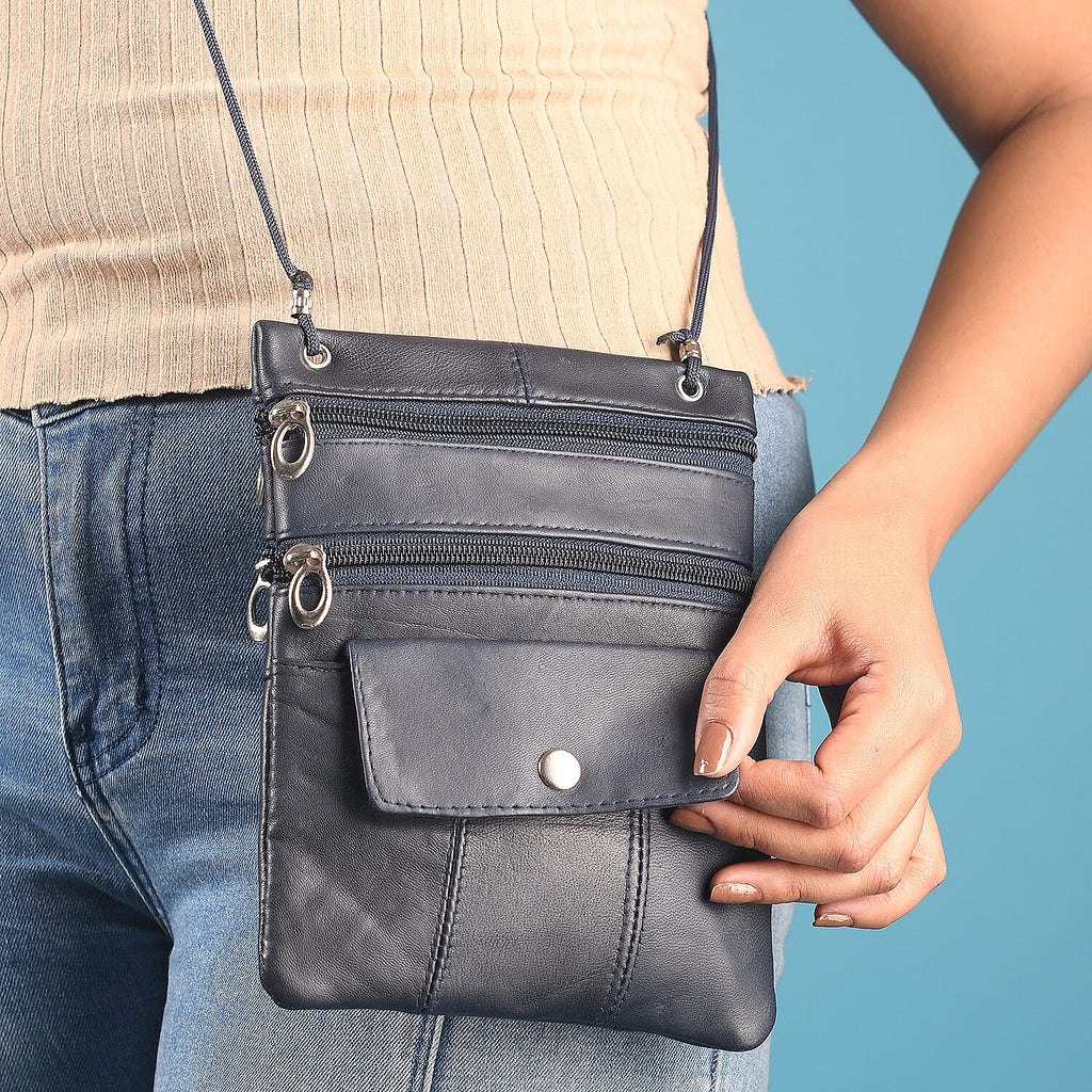 100% Genuine Leather Crossbody Bag - Navy