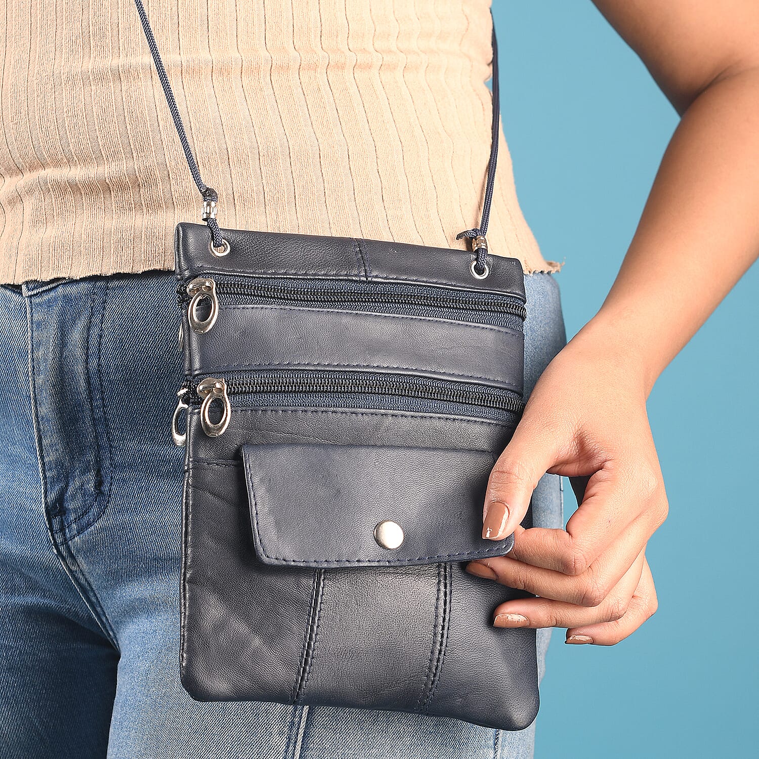 100% Genuine Leather Crossbody Bag - Navy