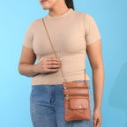 100% Genuine Leather Crossbody Bag - Tan