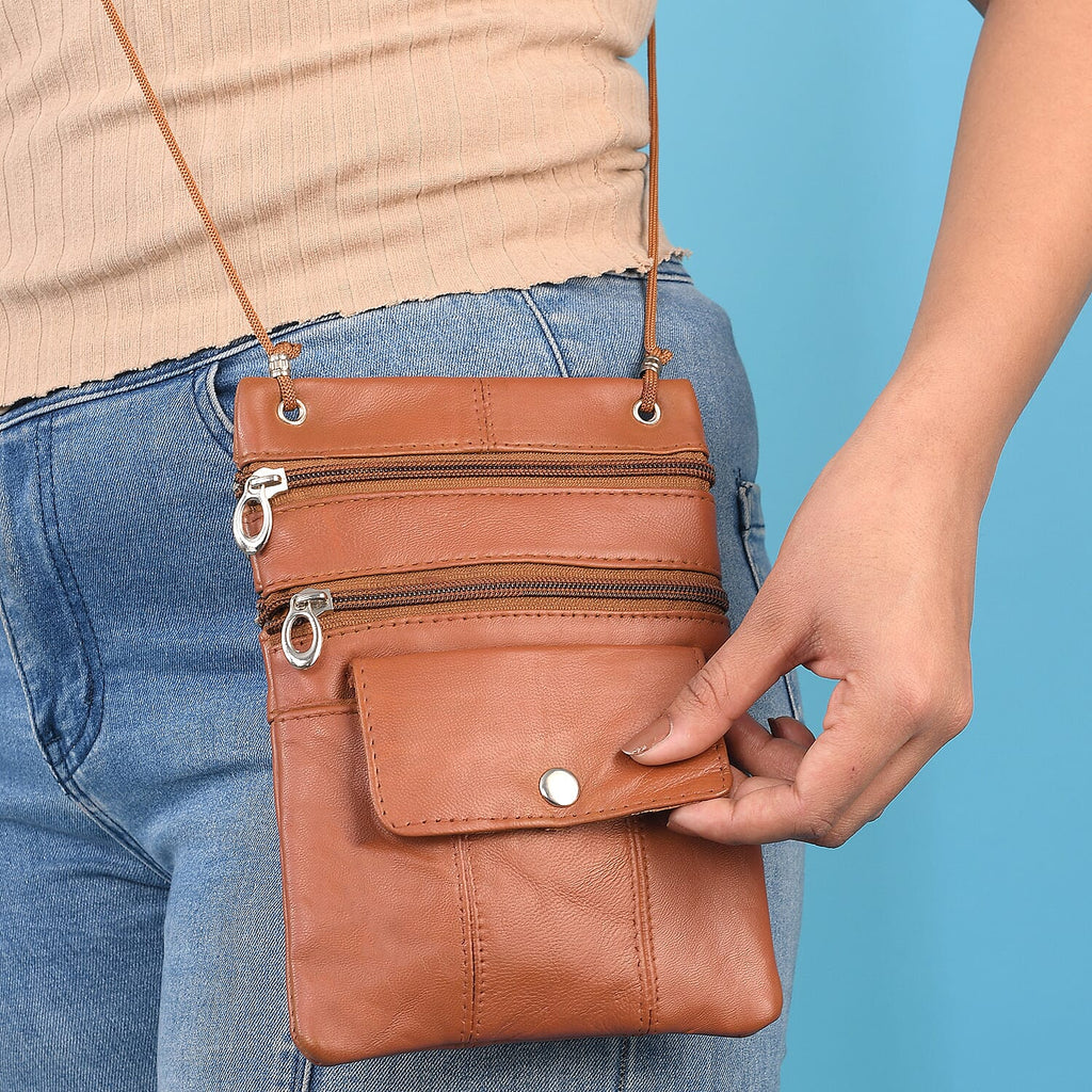100% Genuine Leather Crossbody Bag - Tan