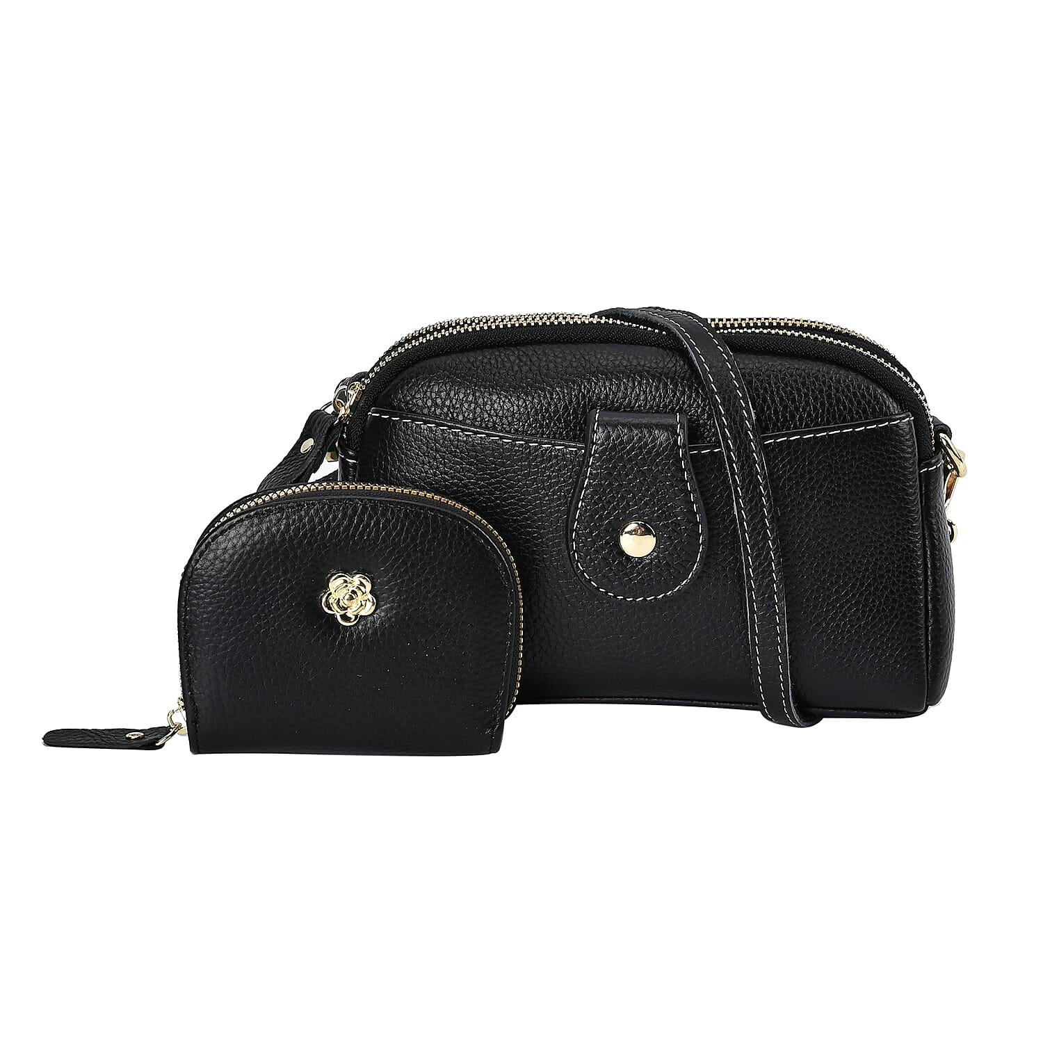Set of 2 - 100% Genuine Leather Crossbody Bag & Card Wallet with RFID Protection - Black