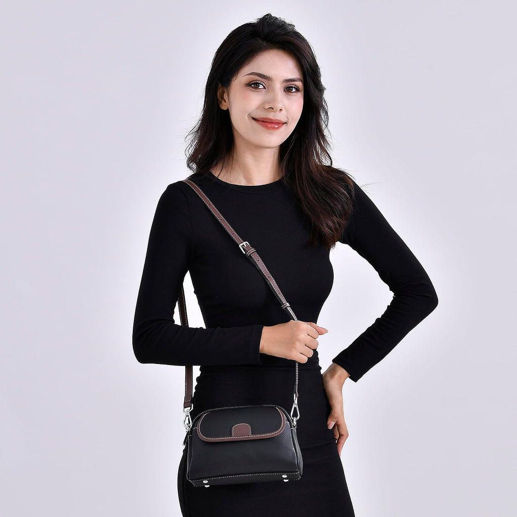 Genuine Leather Sling Crossbody Bag With Adjustable Shoulder Strap - Black