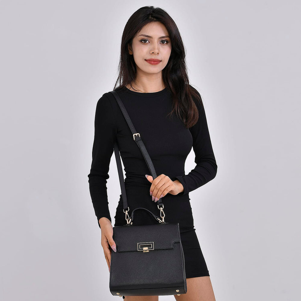 Designer Inspired - 100% Genuine Leather Solid Crossbody Satchel Bag with Adjustable Shoulder Strap (Size 26x11x22 cm) - Black