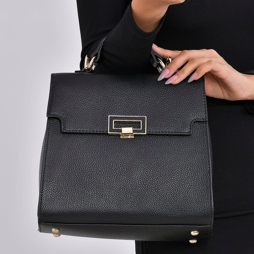 Designer Inspired - 100% Genuine Leather Solid Crossbody Satchel Bag with Adjustable Shoulder Strap (Size 26x11x22 cm) - Black