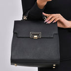 Designer Inspired - 100% Genuine Leather Solid Crossbody Satchel Bag with Adjustable Shoulder Strap (Size 26x11x22 cm) - Black