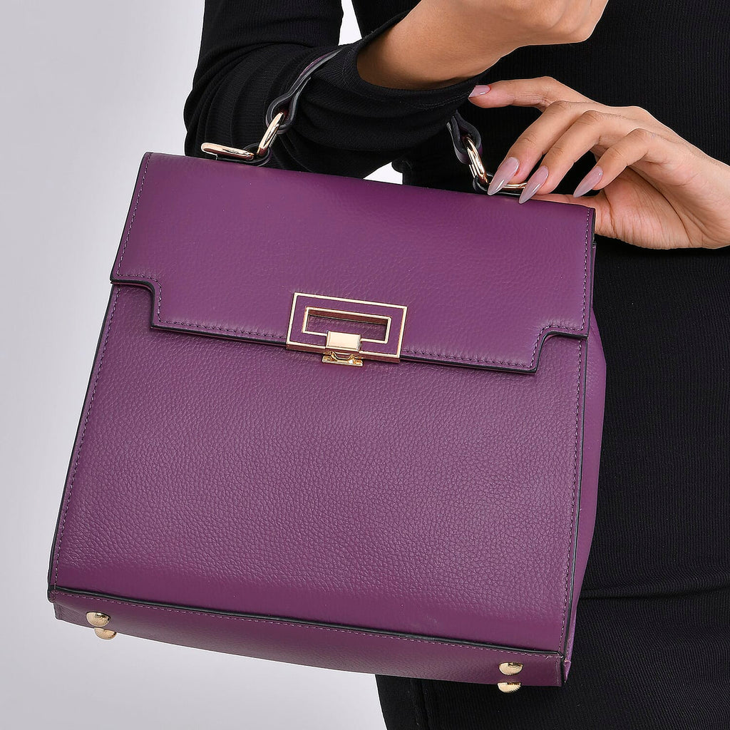 Designer Inspired - 100% Genuine Leather Solid Crossbody Satchel Bag with Adjustable Shoulder Strap (Size 26x11x22 cm) - Purple