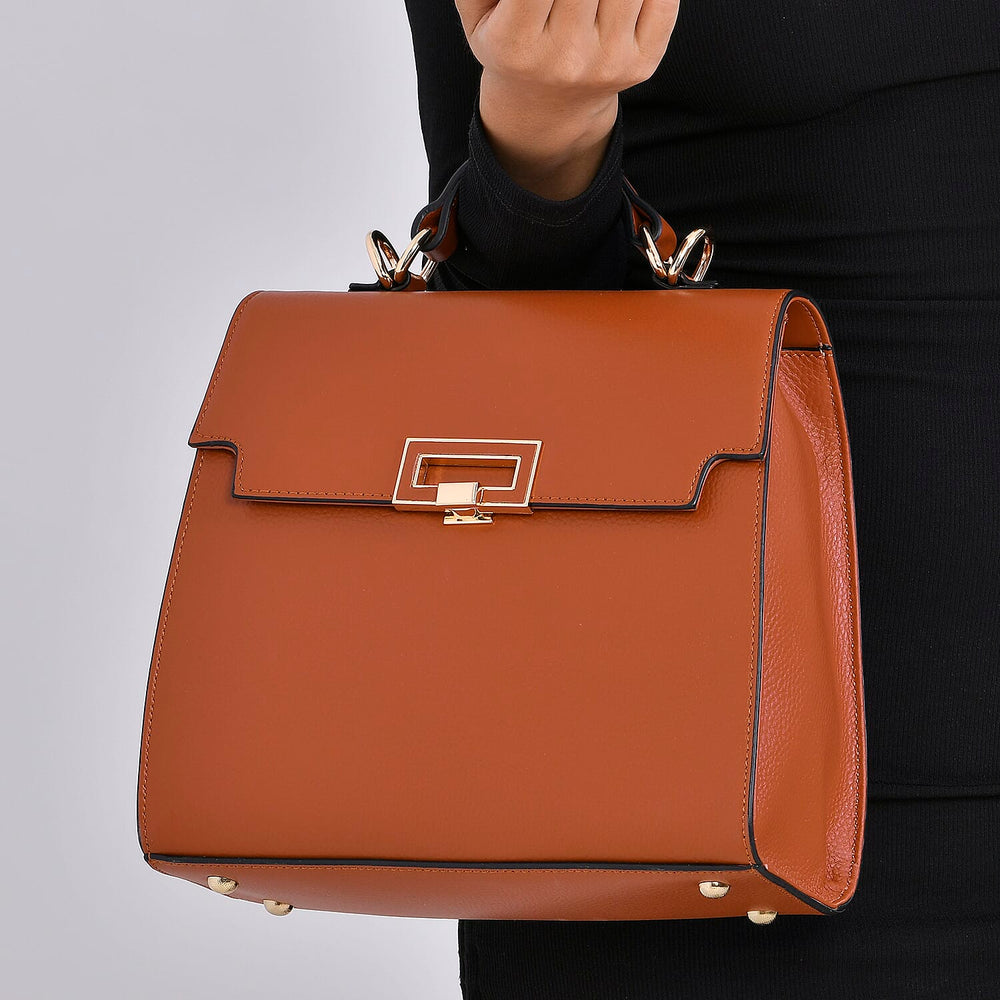 Designer Inspired - 100% Genuine Leather Solid Crossbody Satchel Bag with Adjustable Shoulder Strap (Size 26x11x22 cm) - Tan