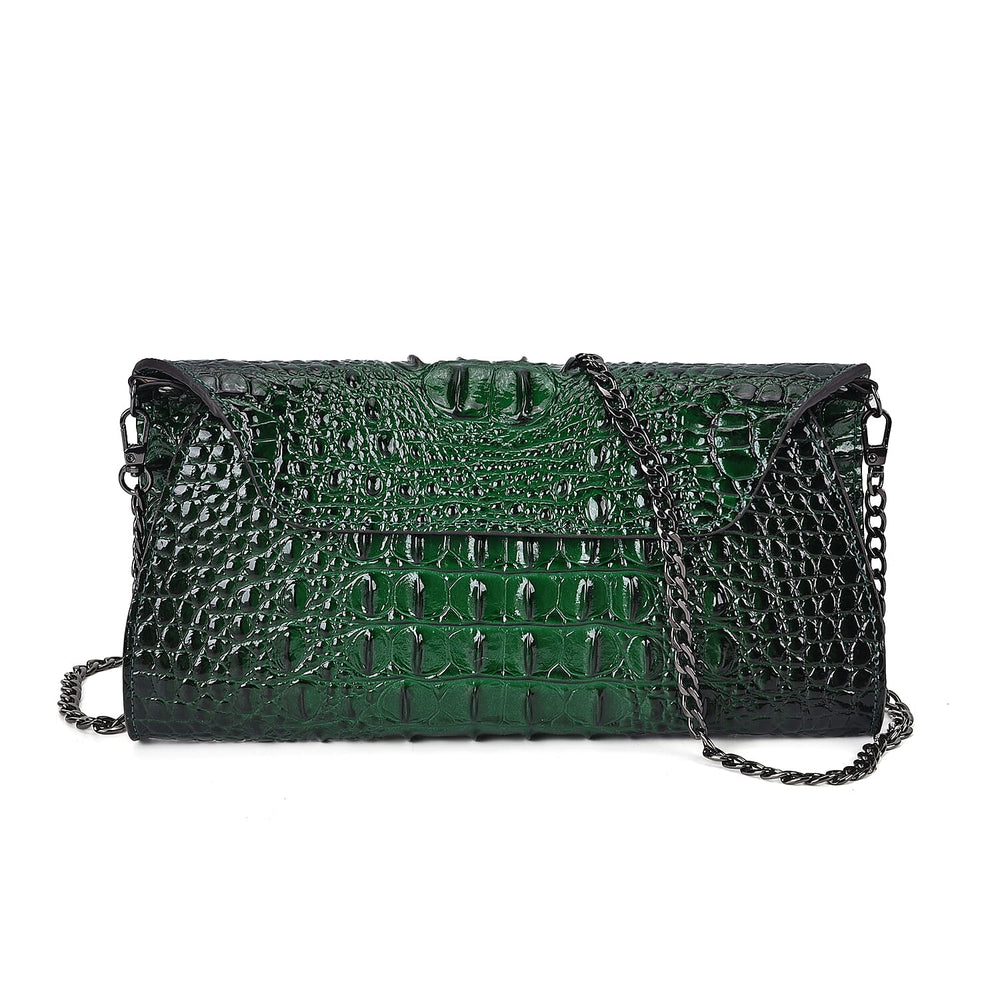 Designer Inspired - Embossed Genuine Leather Crossbody Bag With Long Chain - Green