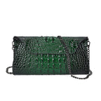 Designer Inspired - Embossed Genuine Leather Crossbody Bag With Long Chain - Green