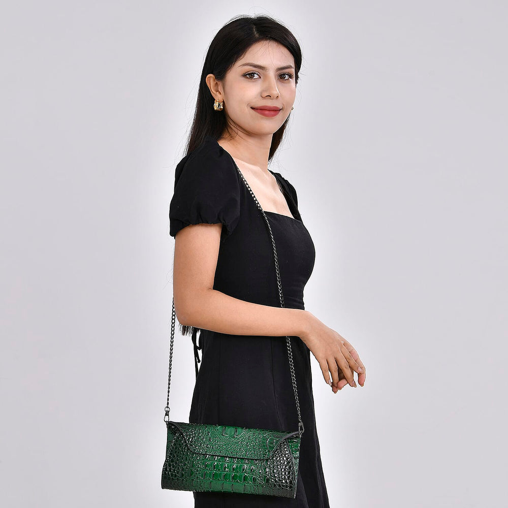 Designer Inspired - Embossed Genuine Leather Crossbody Bag With Long Chain - Green