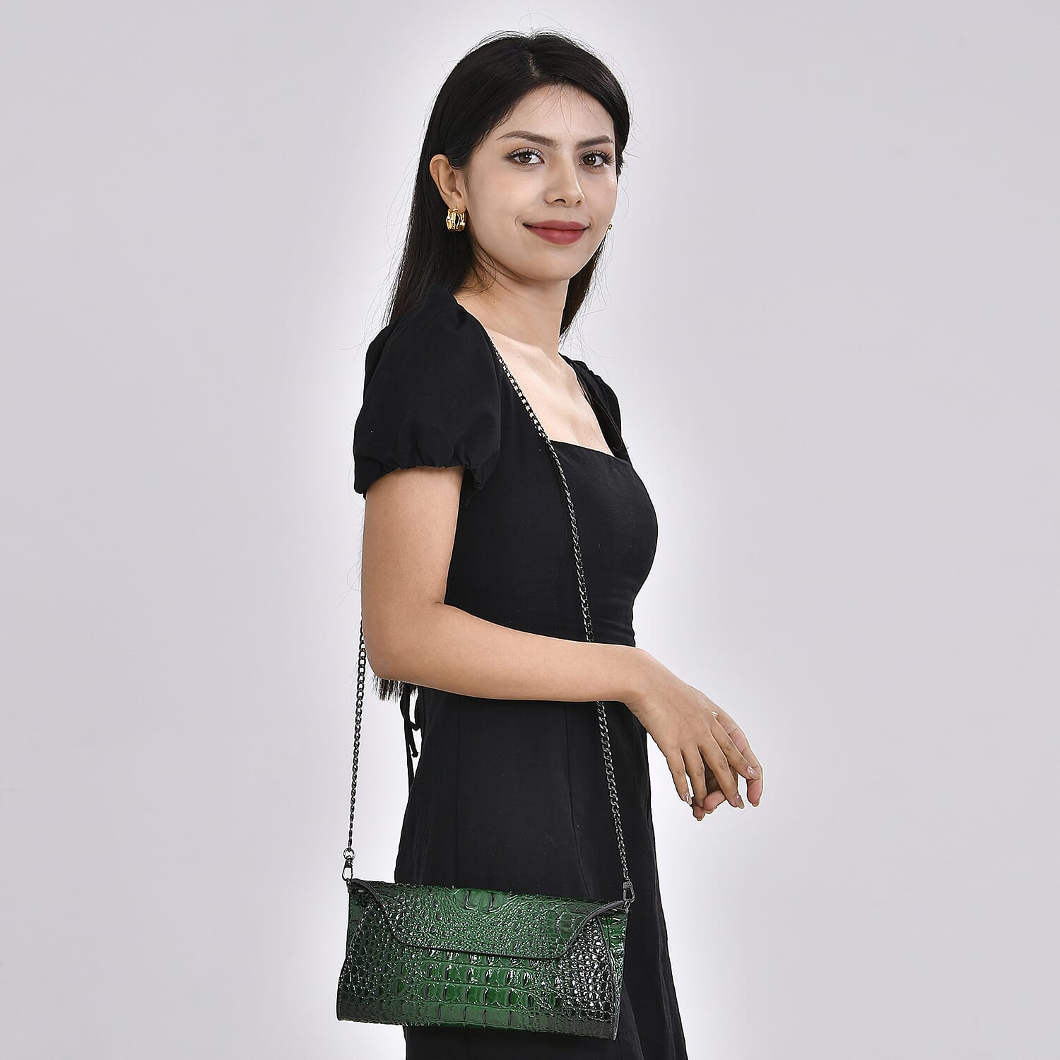 Designer Inspired - Embossed Genuine Leather Crossbody Bag With Long Chain - Green