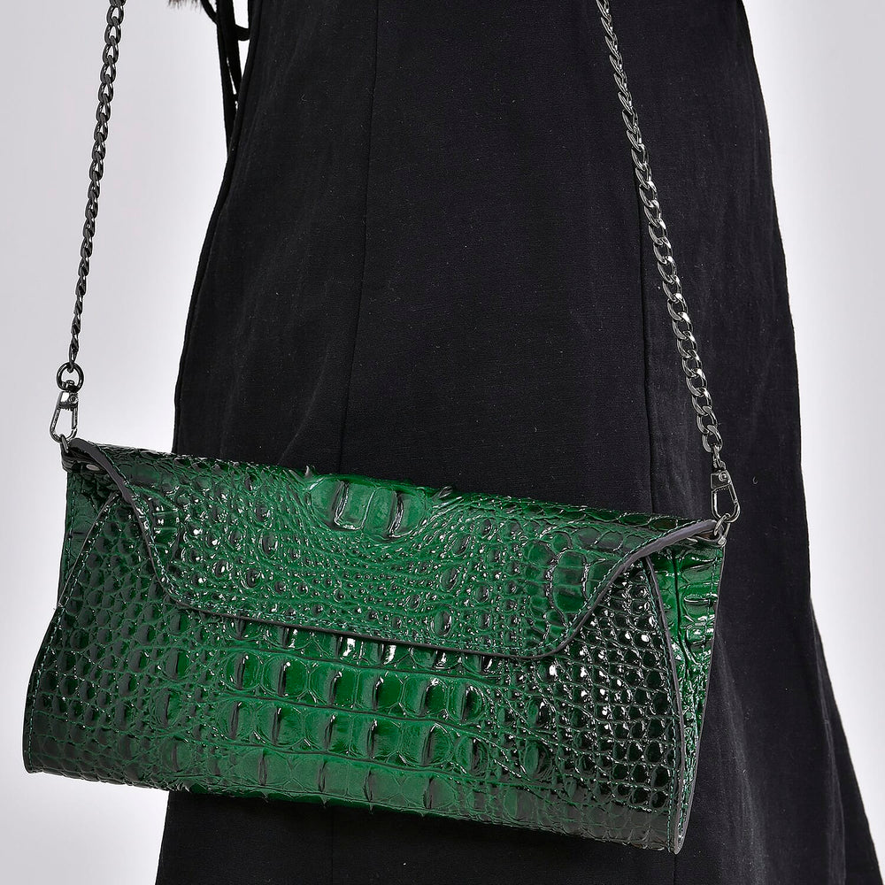 Designer Inspired - Embossed Genuine Leather Crossbody Bag With Long Chain - Green