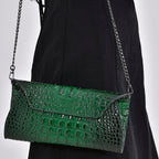 Designer Inspired - Embossed Genuine Leather Crossbody Bag With Long Chain - Green