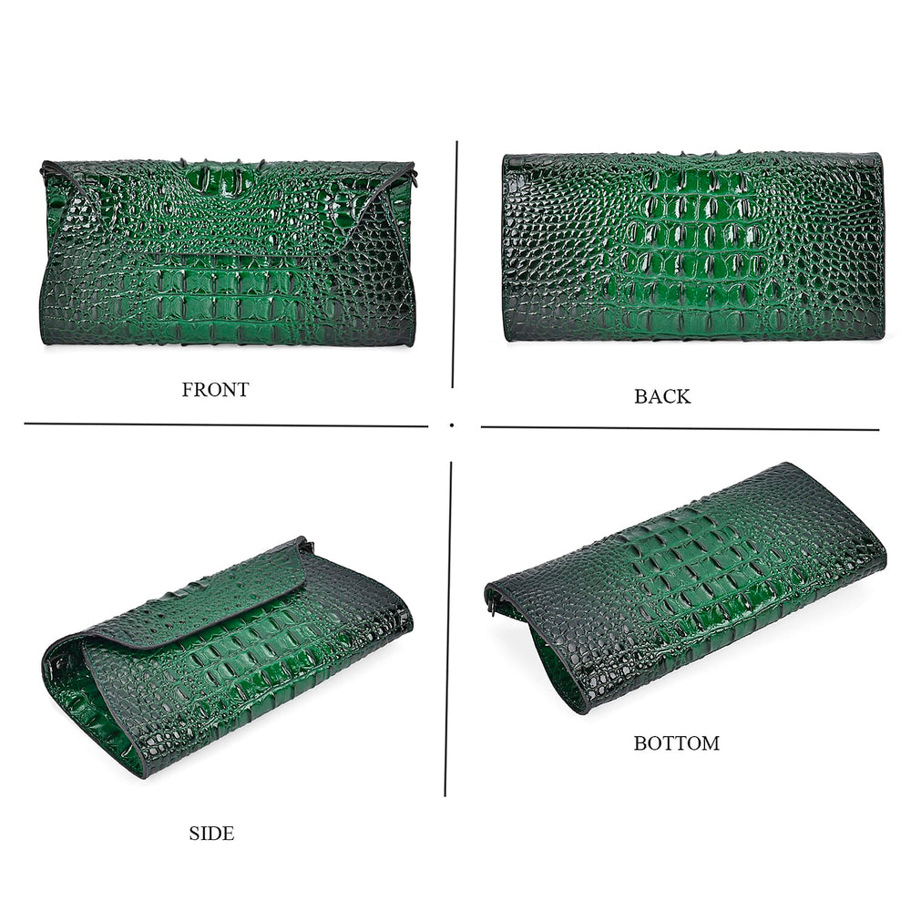 Designer Inspired - Embossed Genuine Leather Crossbody Bag With Long Chain - Green