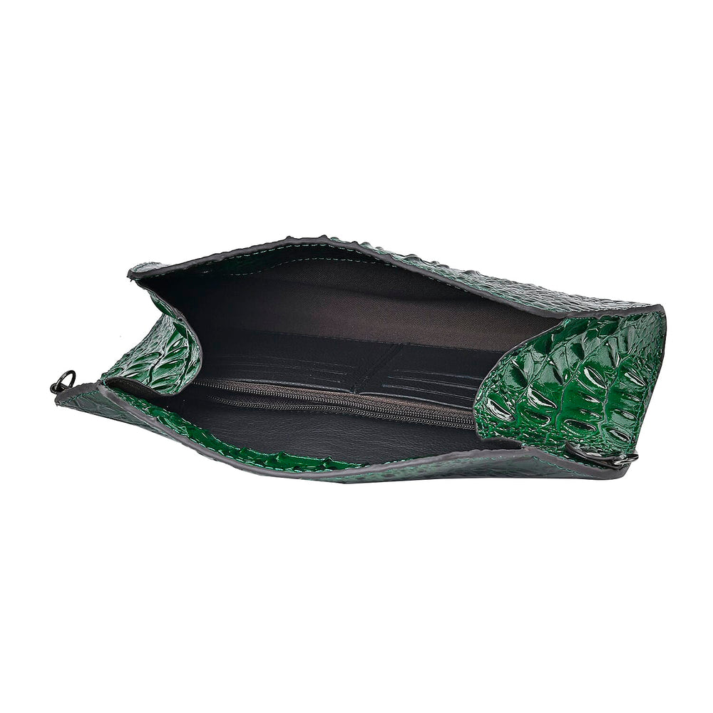 Designer Inspired - Embossed Genuine Leather Crossbody Bag With Long Chain - Green