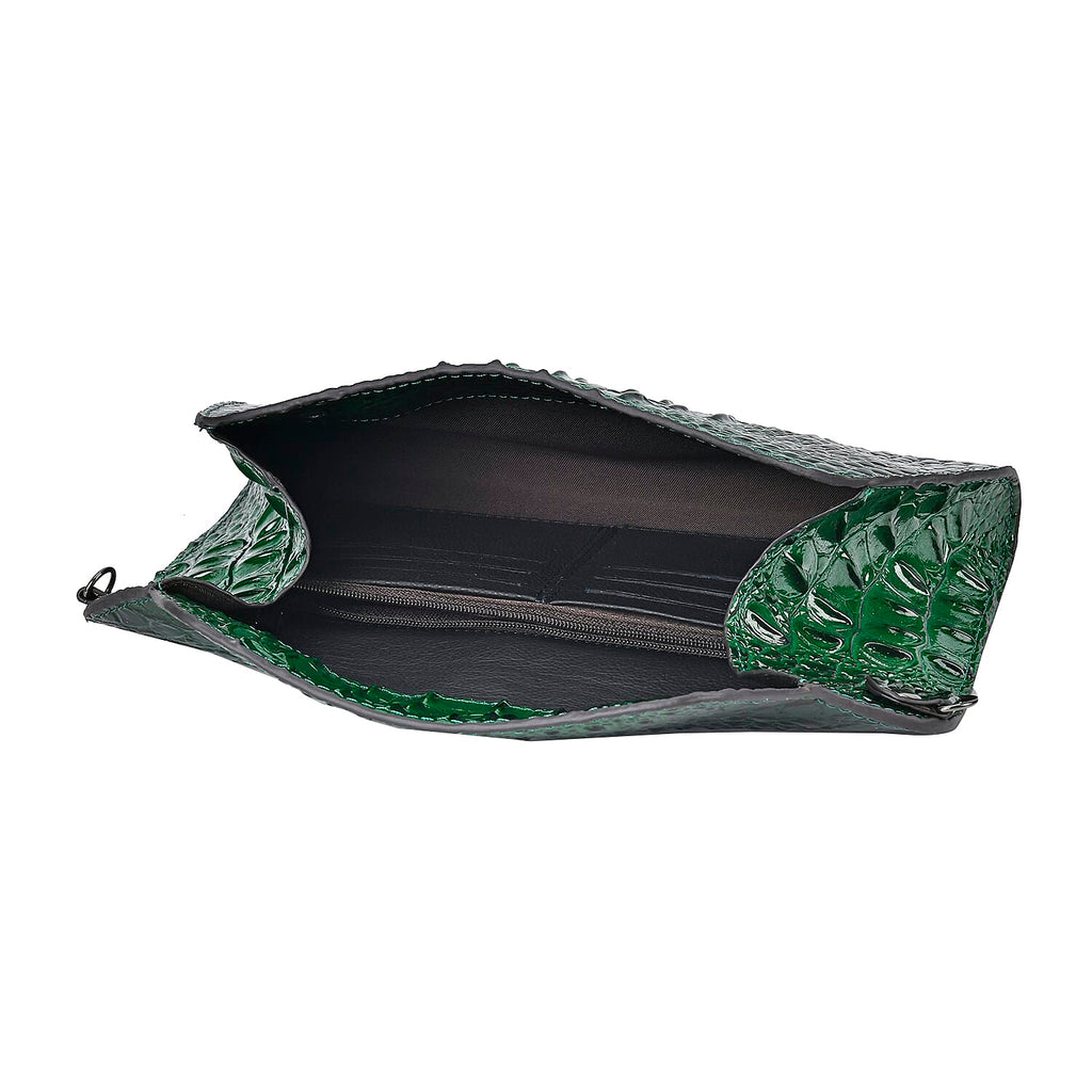 Designer Inspired - Embossed Genuine Leather Crossbody Bag With Long Chain - Green
