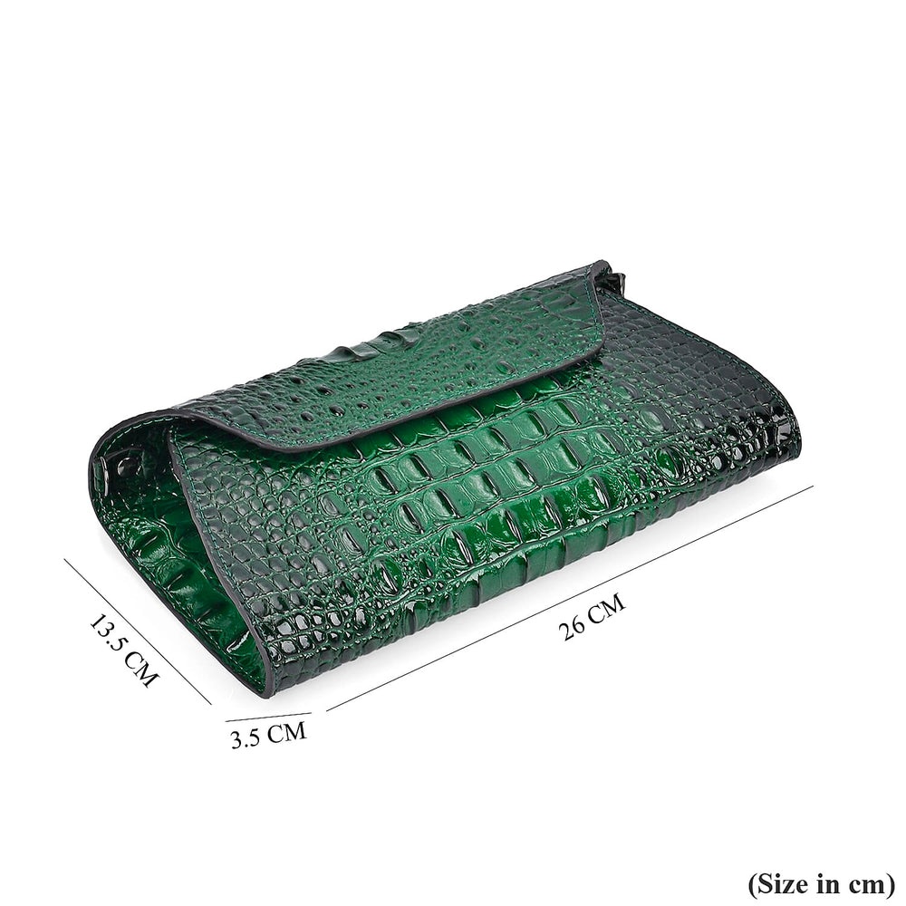 Designer Inspired - Embossed Genuine Leather Crossbody Bag With Long Chain - Green