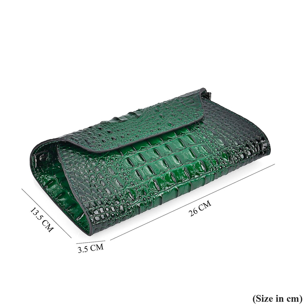 Designer Inspired - Embossed Genuine Leather Crossbody Bag With Long Chain - Green