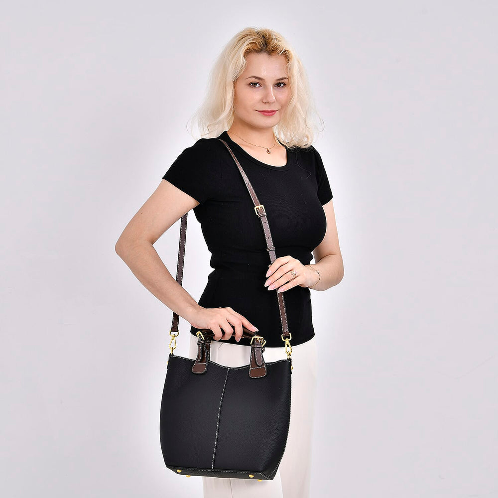100% Genuine Leather Convertible Bag with Detachable Long Strap & Handle Drop - Black