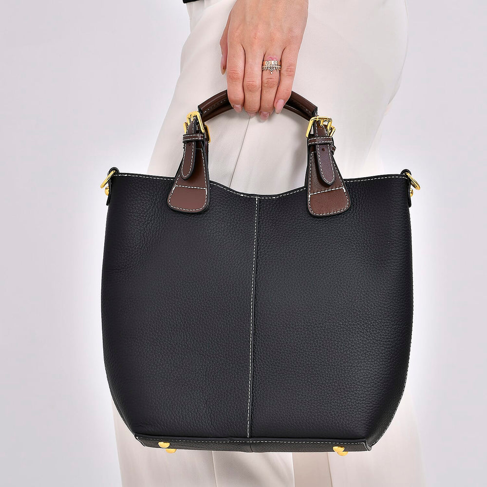 100% Genuine Leather Convertible Bag with Detachable Long Strap & Handle Drop - Black
