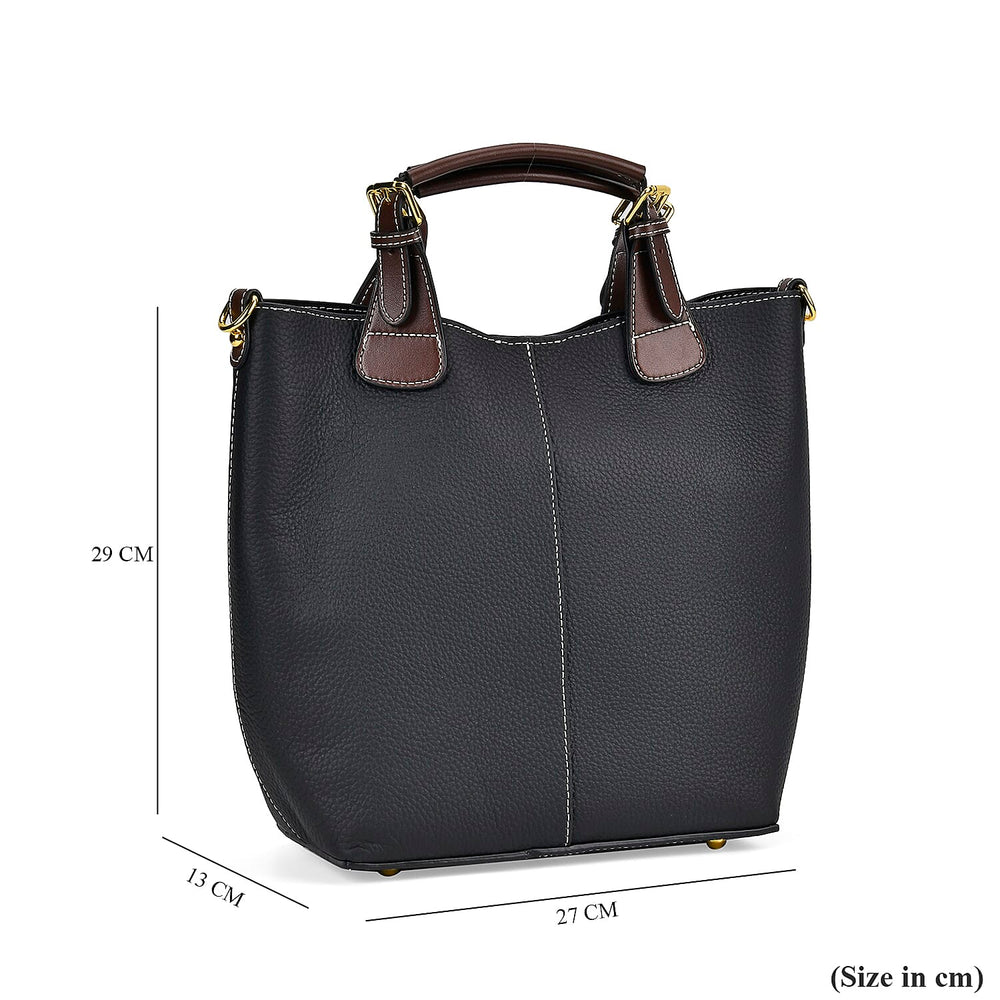 100% Genuine Leather Convertible Bag with Detachable Long Strap & Handle Drop - Black