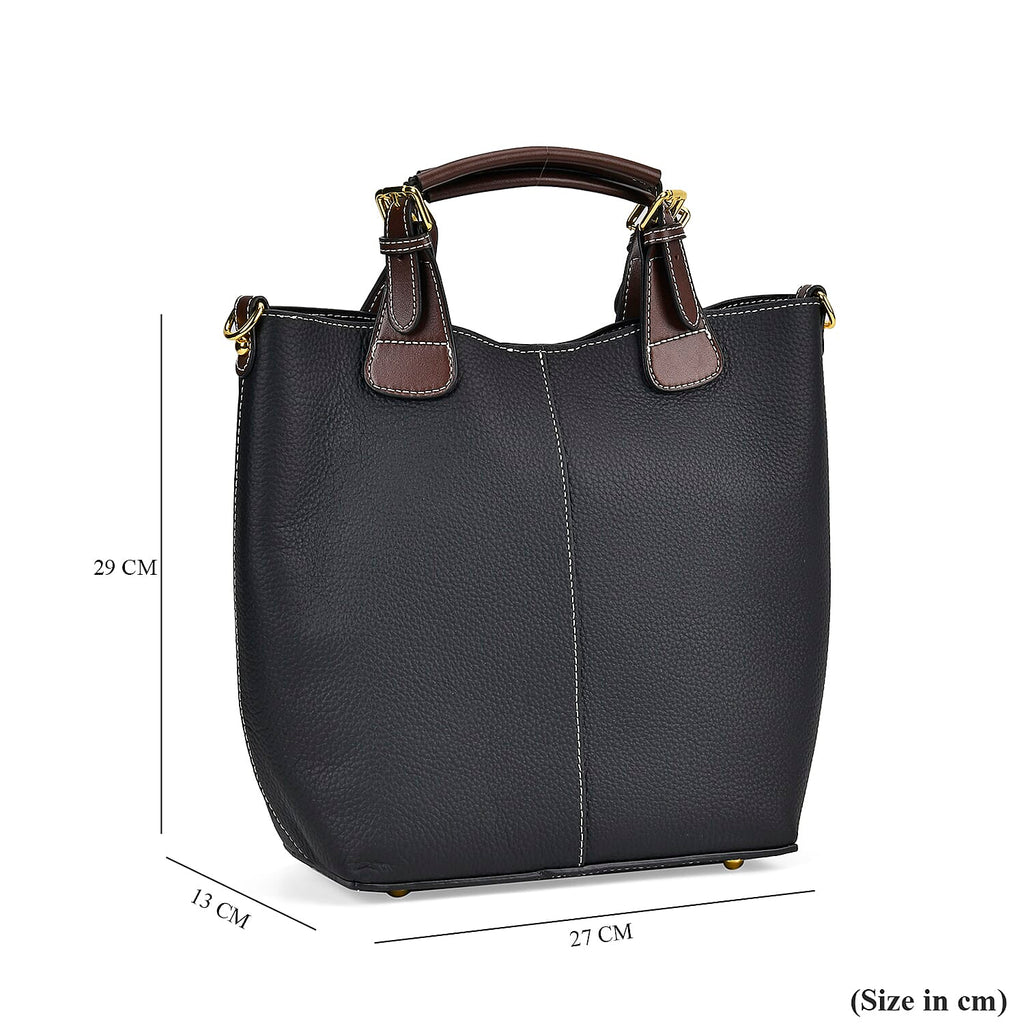 100% Genuine Leather Convertible Bag with Detachable Long Strap & Handle Drop - Black