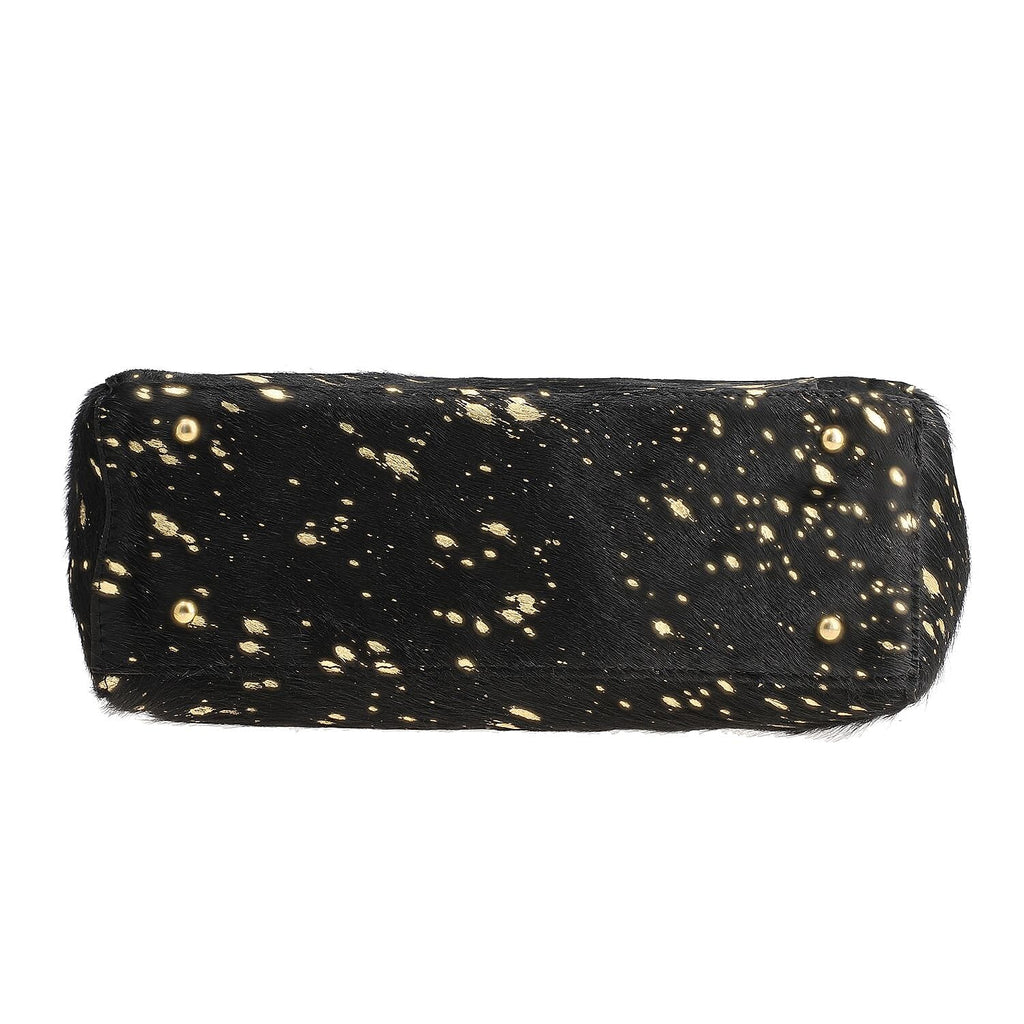 100% Genuine Leather Cowhide with Golden Foil Printing Crossbody Bag - Golden - Black