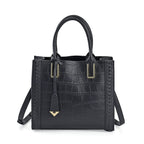 Genuine Leather Crocodile Embossed Crossbody Bag with Handle Drop - Black