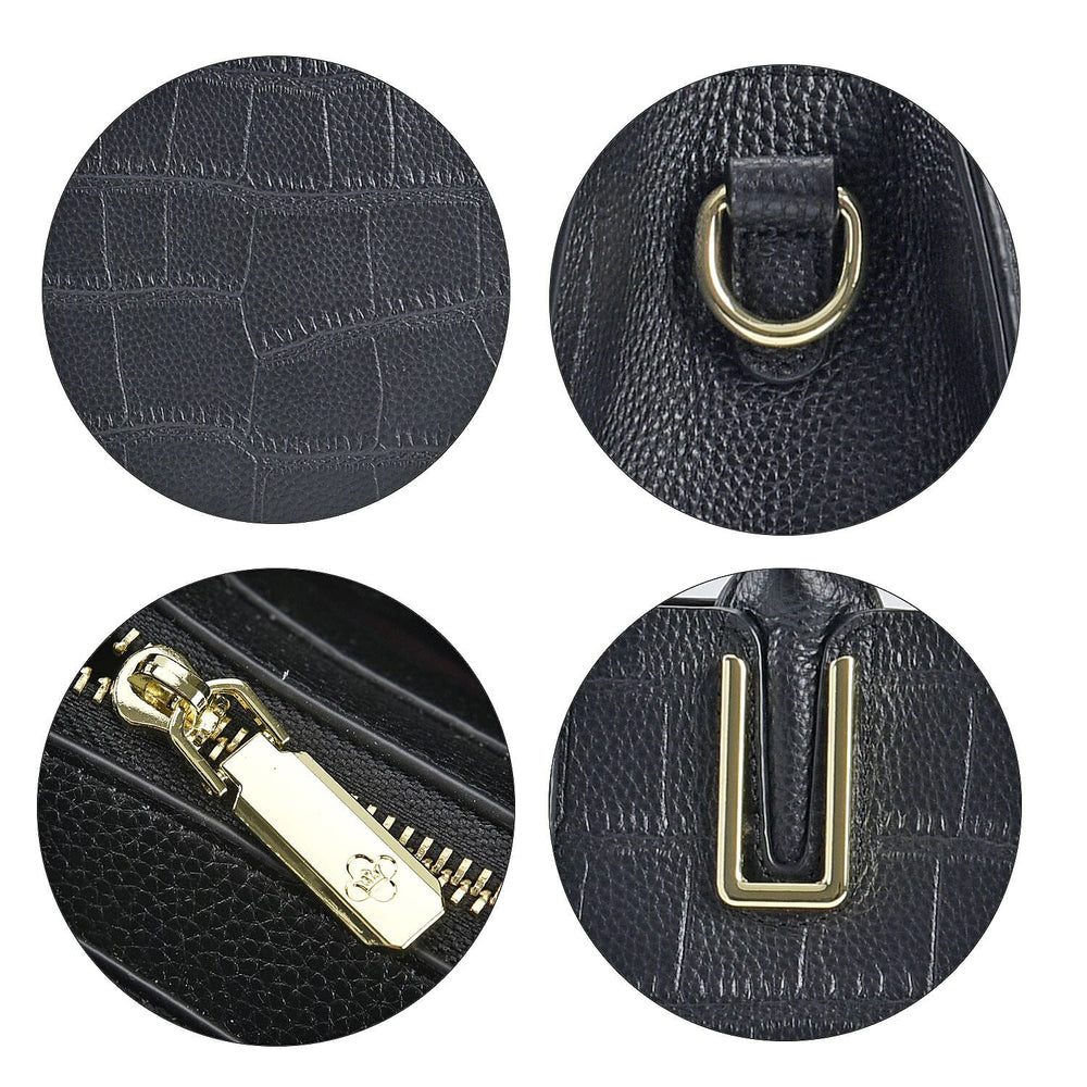 Genuine Leather Crocodile Embossed Crossbody Bag with Handle Drop - Black