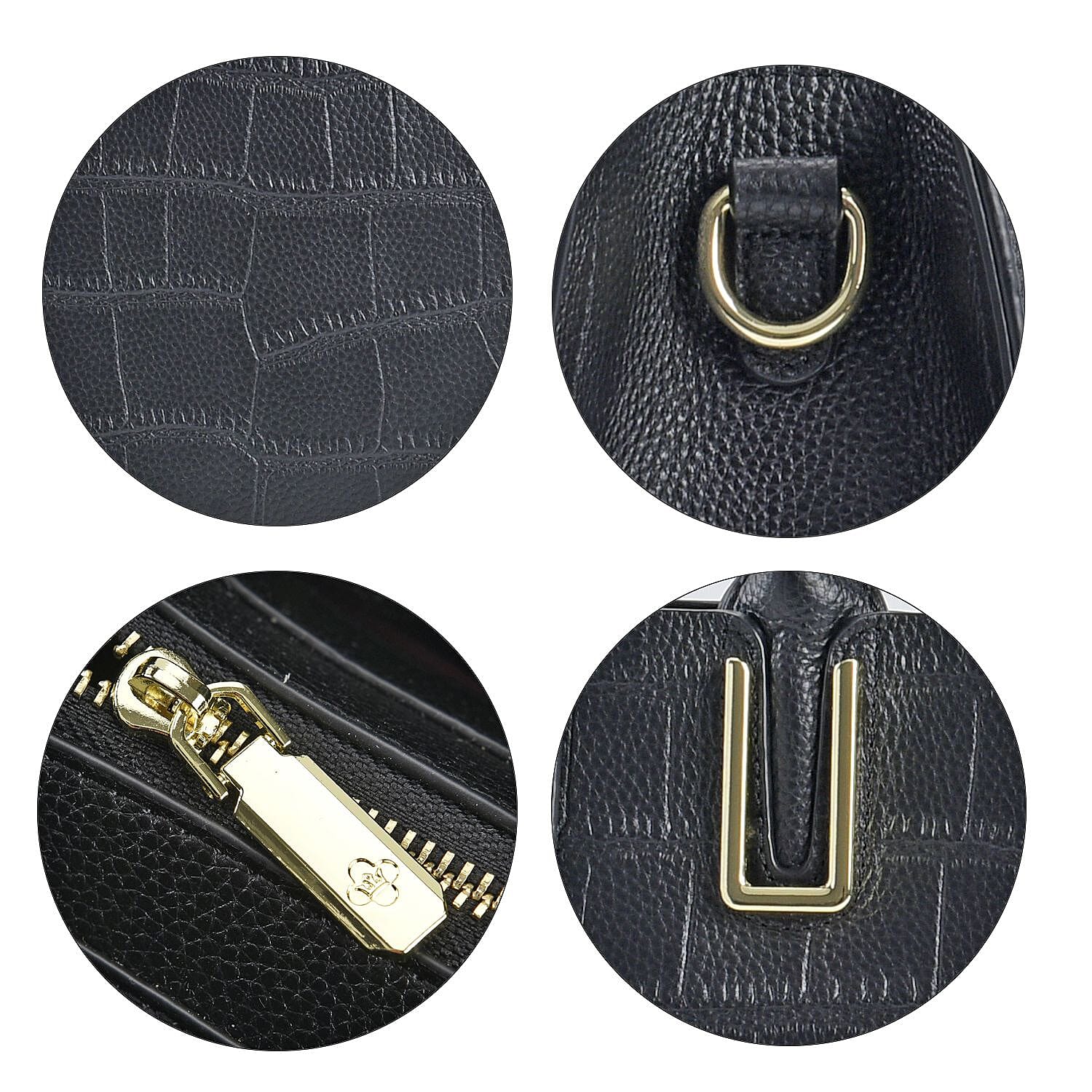Genuine Leather Crocodile Embossed Crossbody Bag with Handle Drop - Black