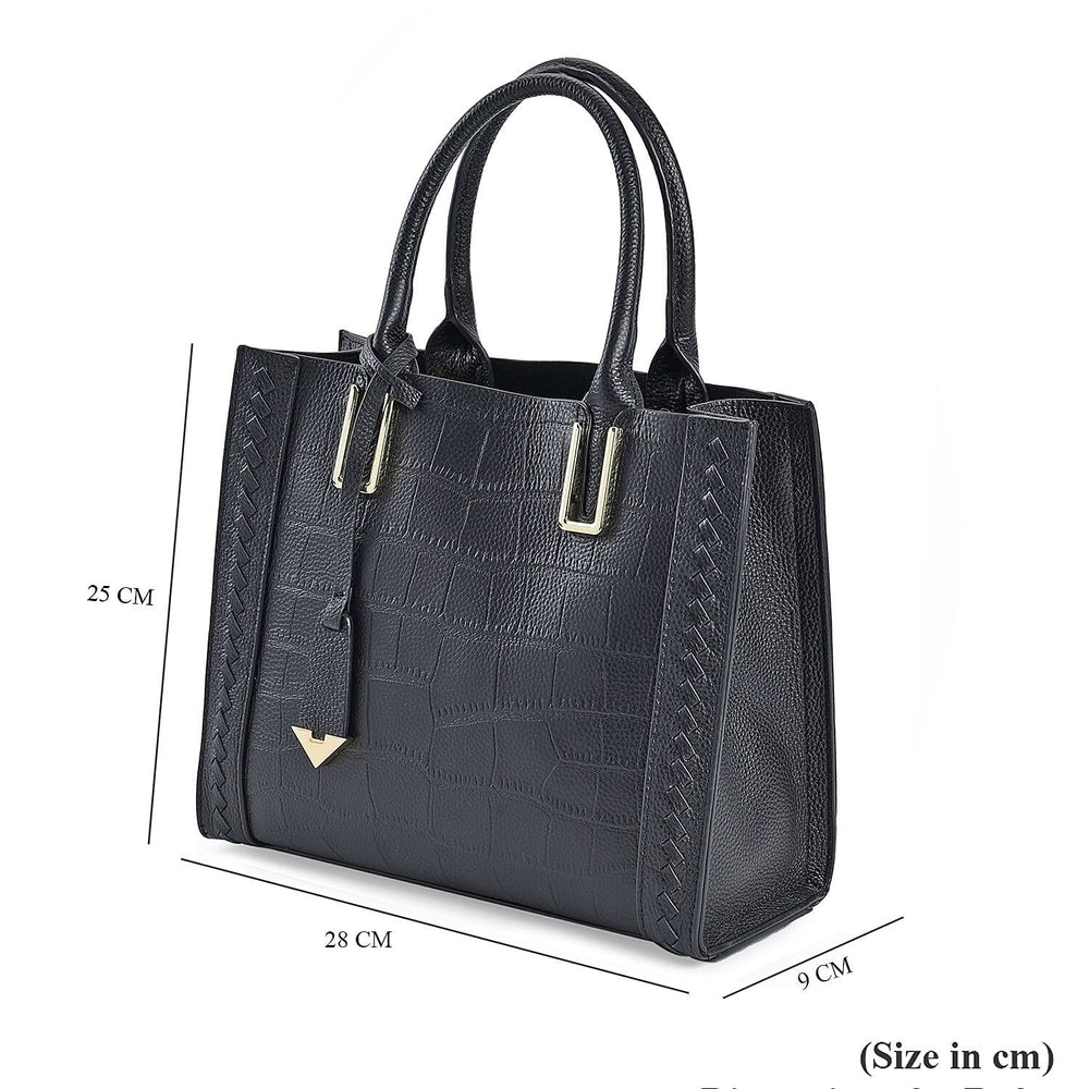 Genuine Leather Crocodile Embossed Crossbody Bag with Handle Drop - Black