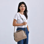 Leather Solid Crossbody Bag (Size 29x13x22 cm) - Beige & Green
