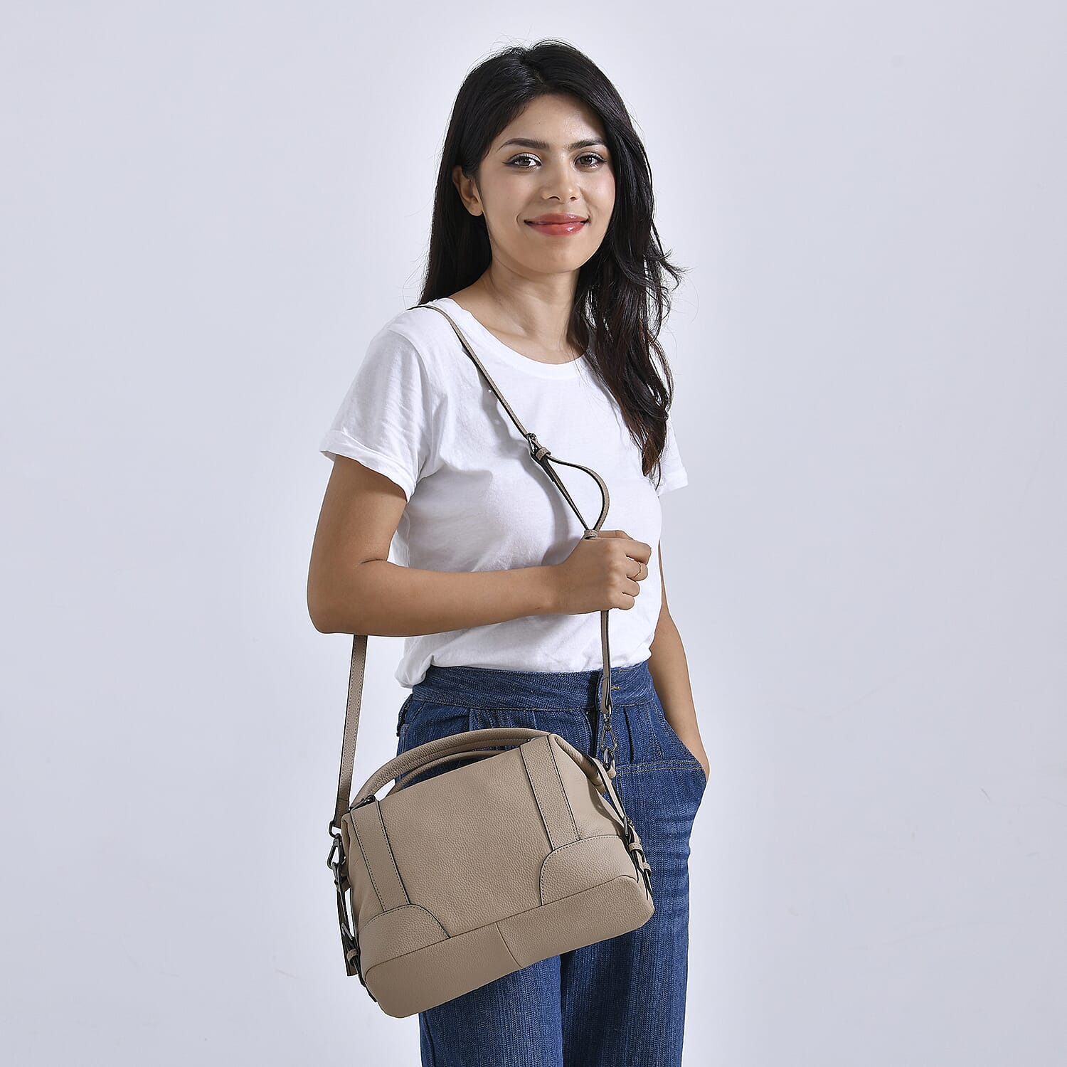 Leather Solid Crossbody Bag (Size 29x13x22 cm) - Beige & Green
