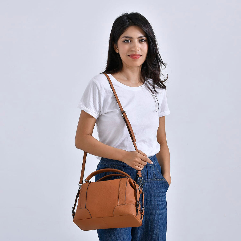 Leather Solid Crossbody Bag (Size 29x13x22 cm) - Tan & Green