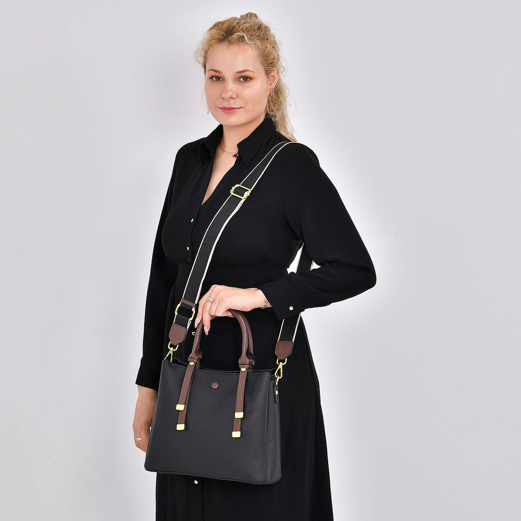 Closeout Deal - 100% Genuine Leather Bag Mulitcompartment with 2 Interchangeable Adjustable Shoulder Straps- Black