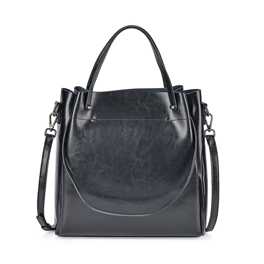 Genuine Leather Convertible Bag with Handle Drop and Detachable Long Strap 120cm - Black