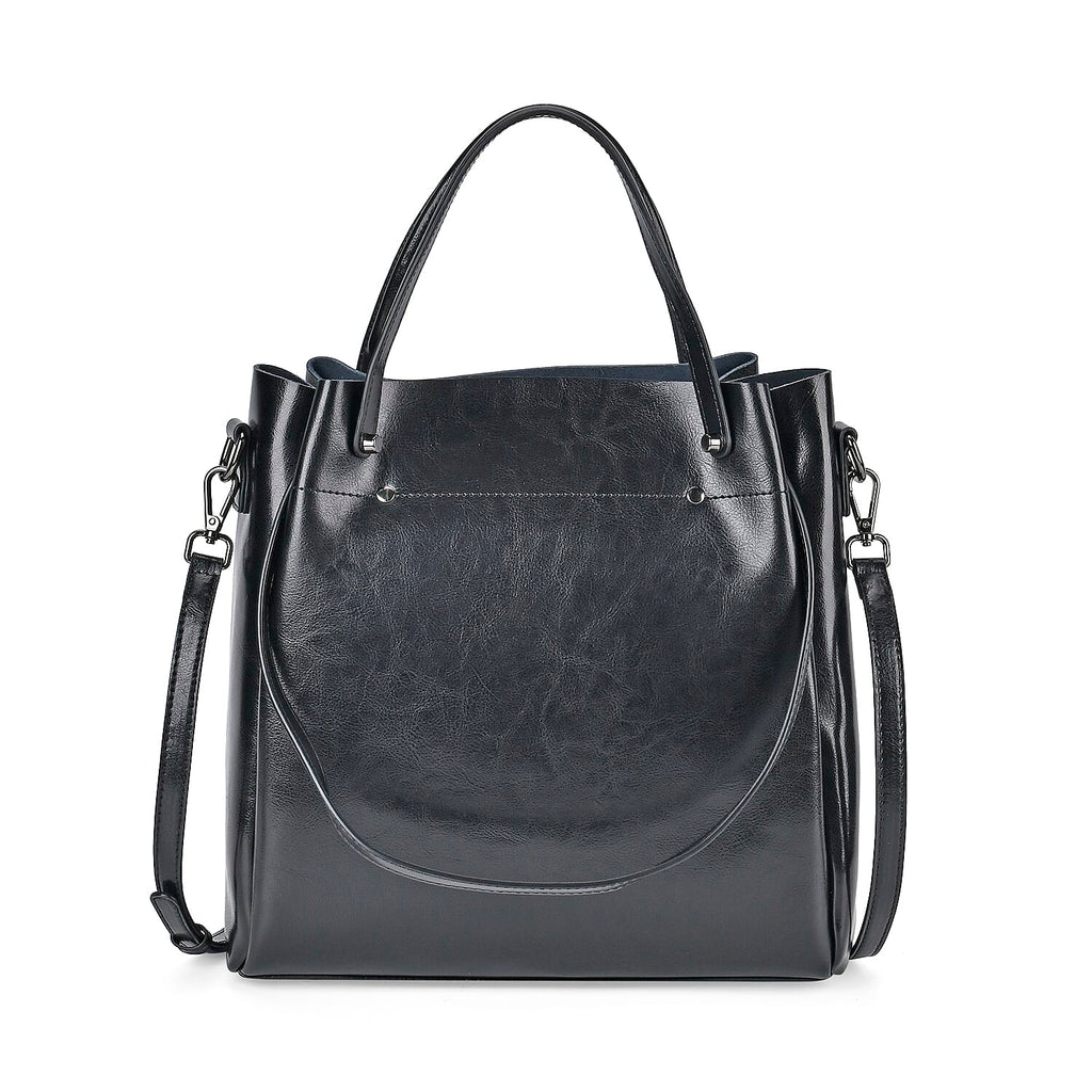 Genuine Leather Convertible Bag with Handle Drop and Detachable Long Strap 120cm - Black