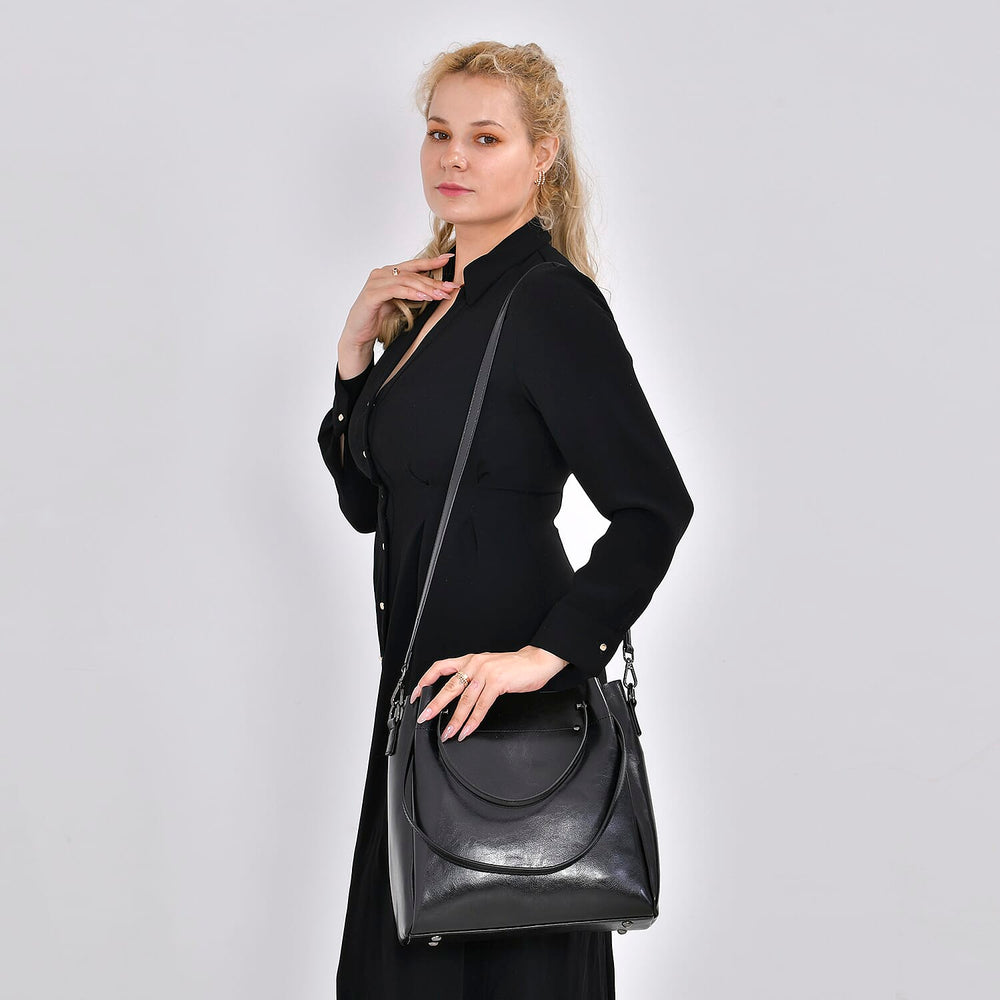 Genuine Leather Convertible Bag with Handle Drop and Detachable Long Strap 120cm - Black