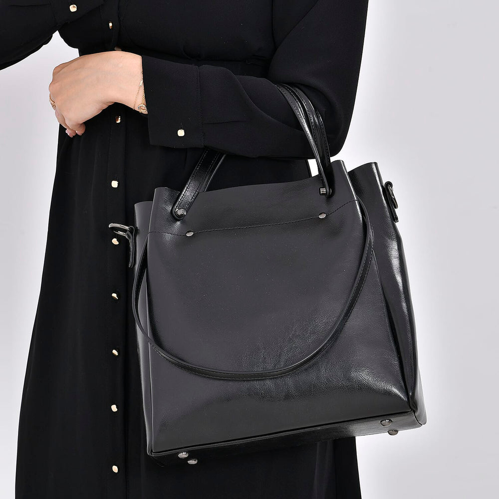Genuine Leather Convertible Bag with Handle Drop and Detachable Long Strap 120cm - Black