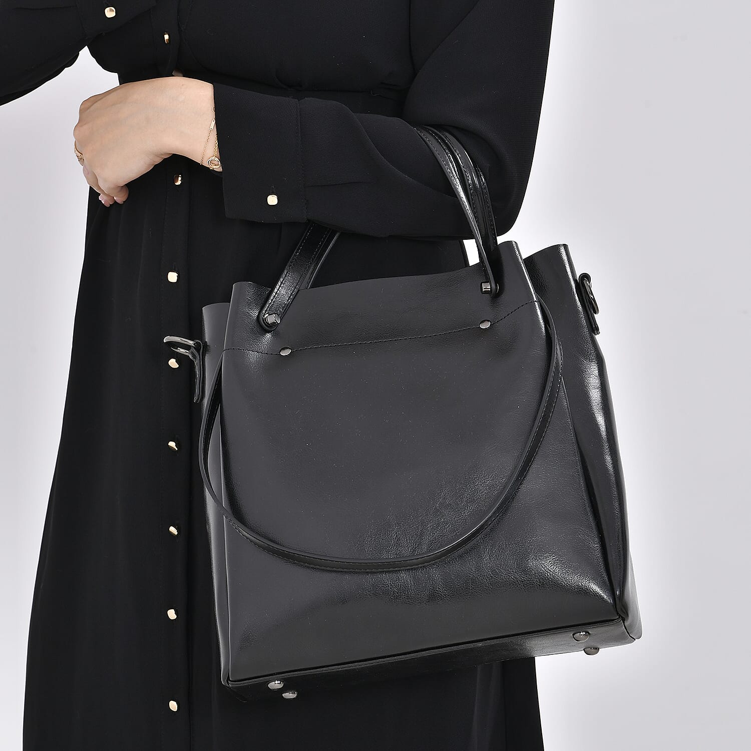 Genuine Leather Convertible Bag with Handle Drop and Detachable Long Strap 120cm - Black