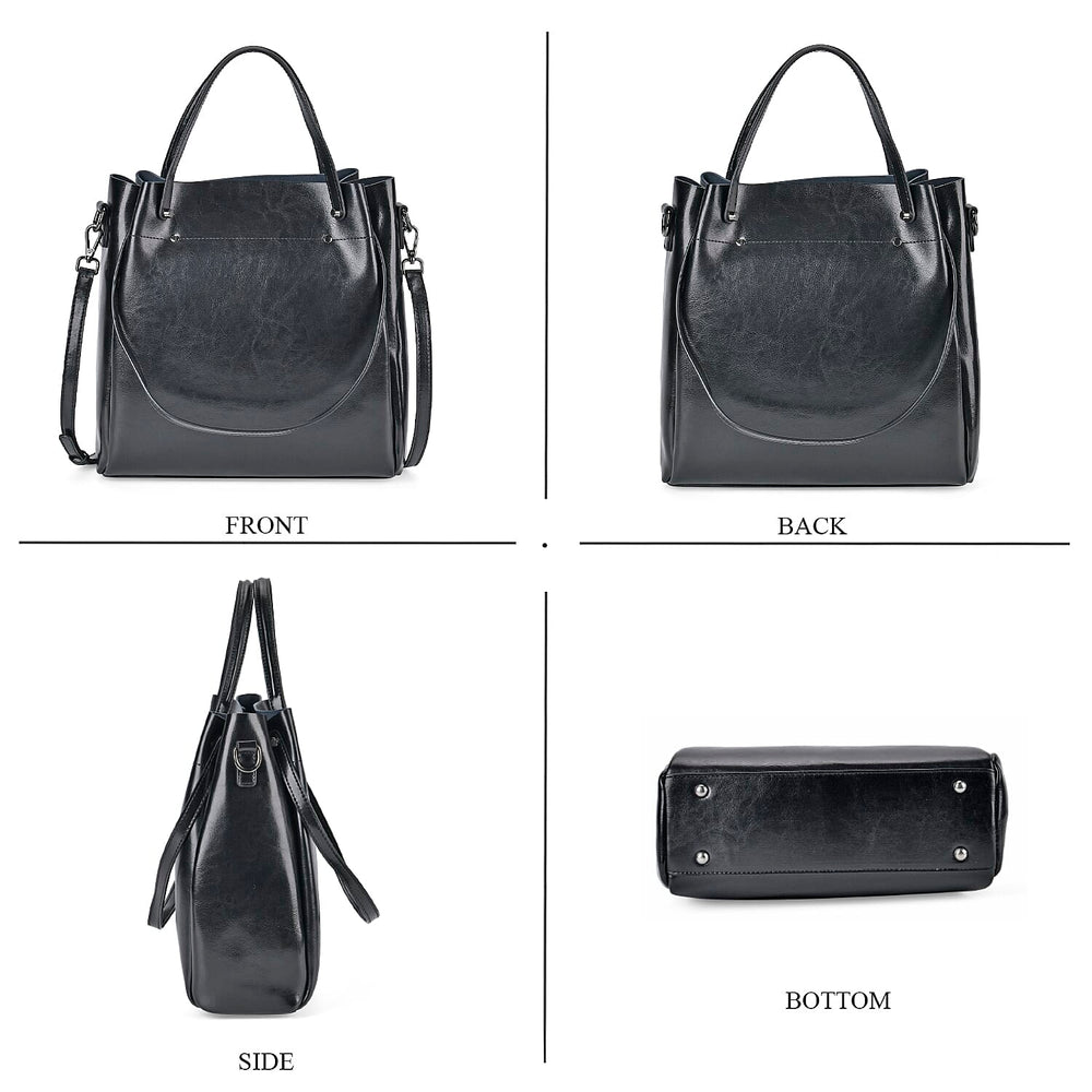Genuine Leather Convertible Bag with Handle Drop and Detachable Long Strap 120cm - Black