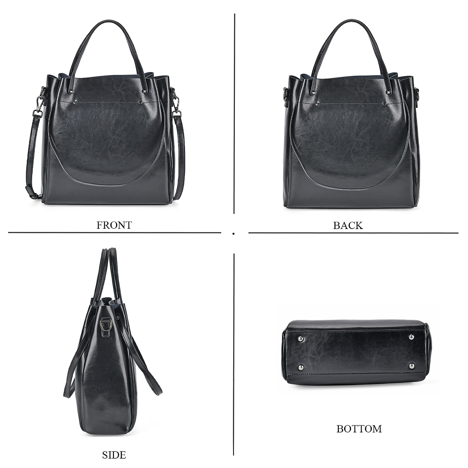 Genuine Leather Convertible Bag with Handle Drop and Detachable Long Strap 120cm - Black