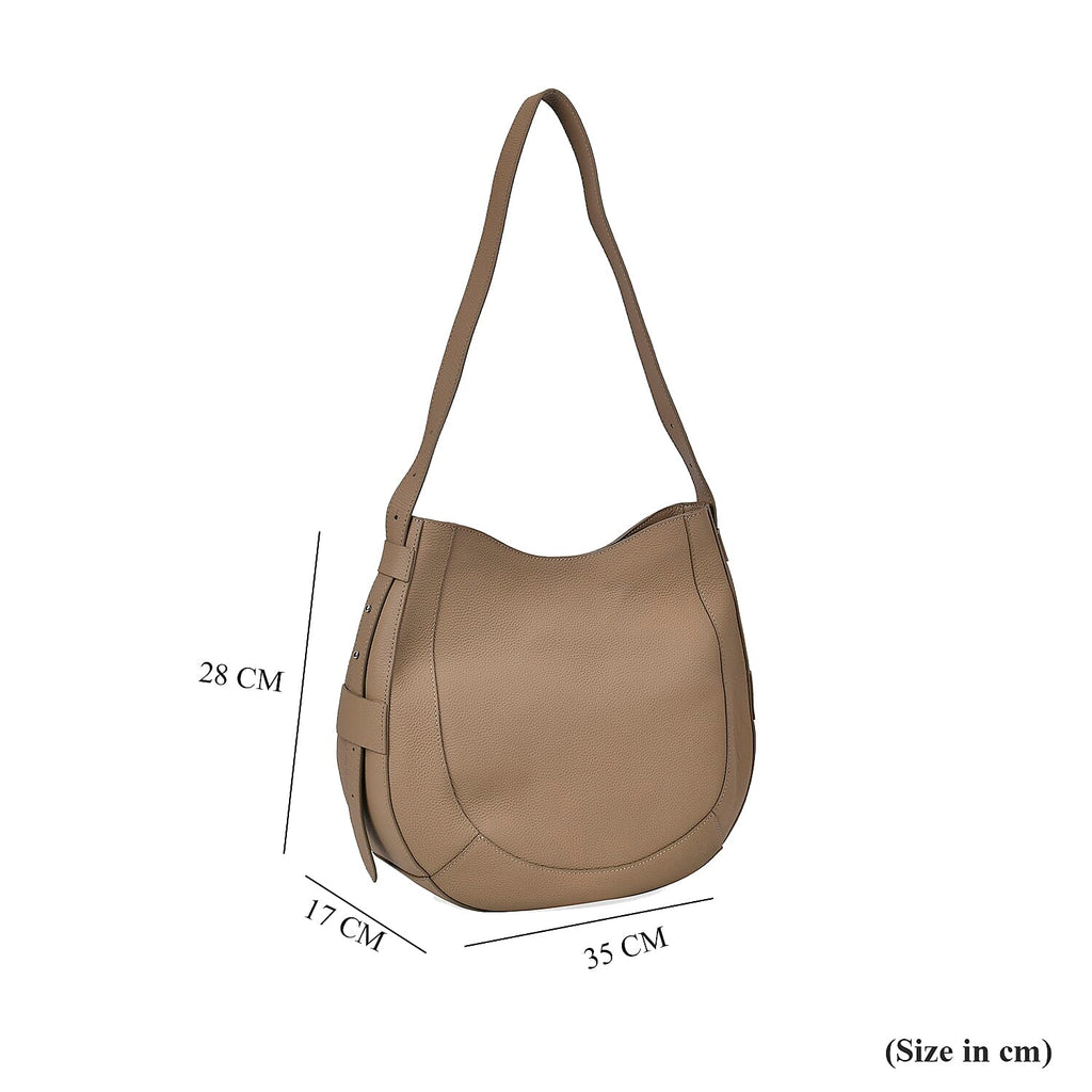 Genuine Leather Solid Pattern Crossbody Bag with Adjustable Shoulder - Khaki