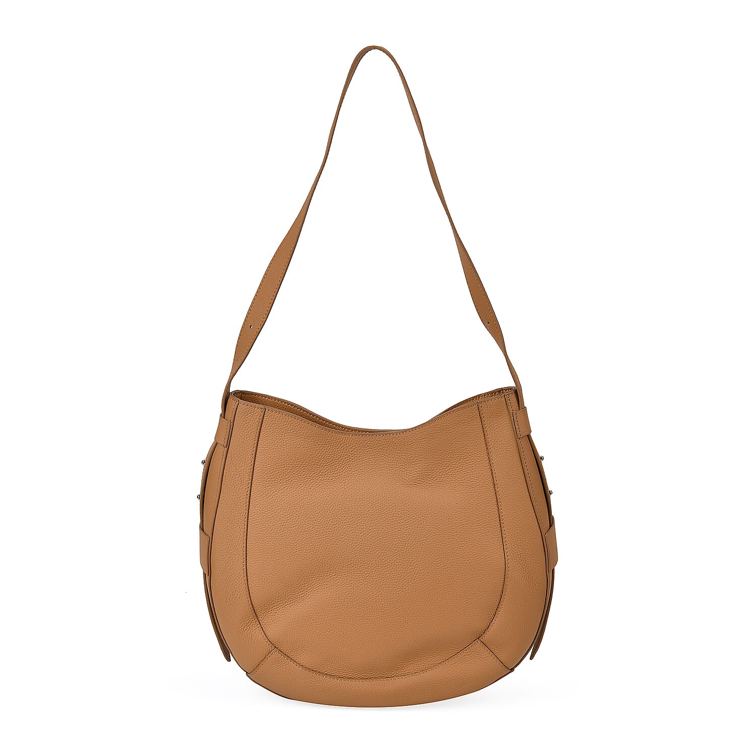 100% Genuine Leather U-shaped Crossbody Bag with Zipped Closure & Adjustable shoulder Strap - Tan
