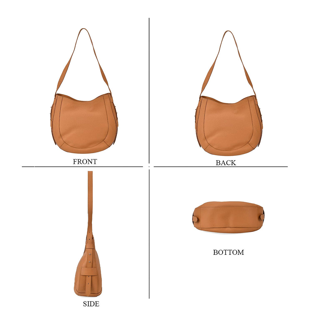 100% Genuine Leather U-shaped Crossbody Bag with Zipped Closure & Adjustable shoulder Strap - Tan