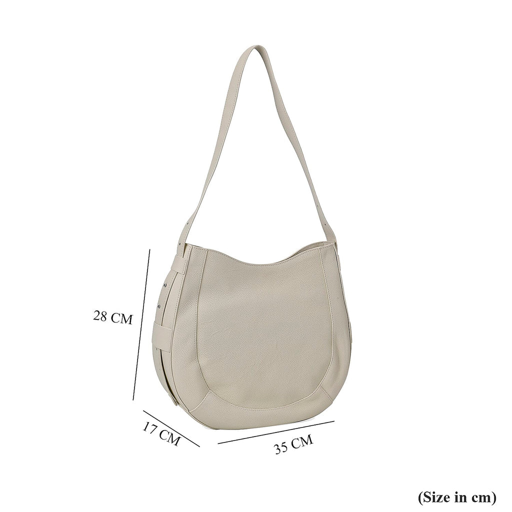 100% Genuine Leather U-shaped Crossbody Bag with Zipped Closure & Adjustable shoulder Strap - White