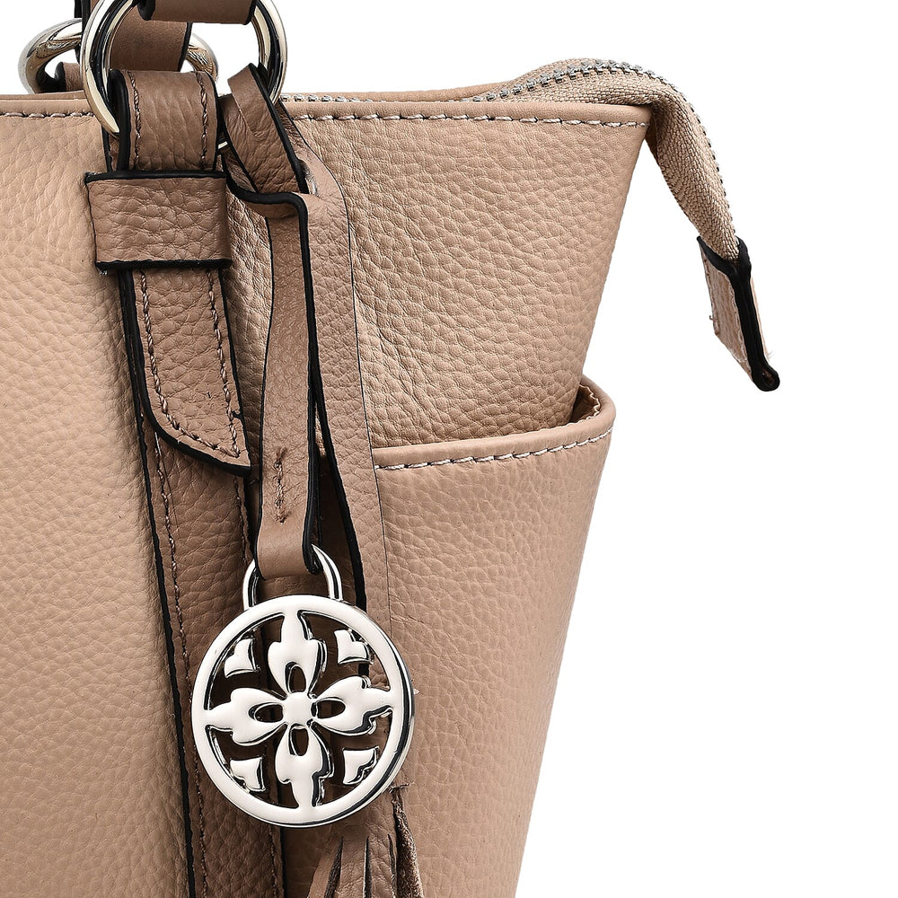 KTD by Kenzo Takada Leather Classic Tote Bag with a Tassel Charm - Beige
