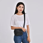 Genuine Leather Weave Waist Bag - Black